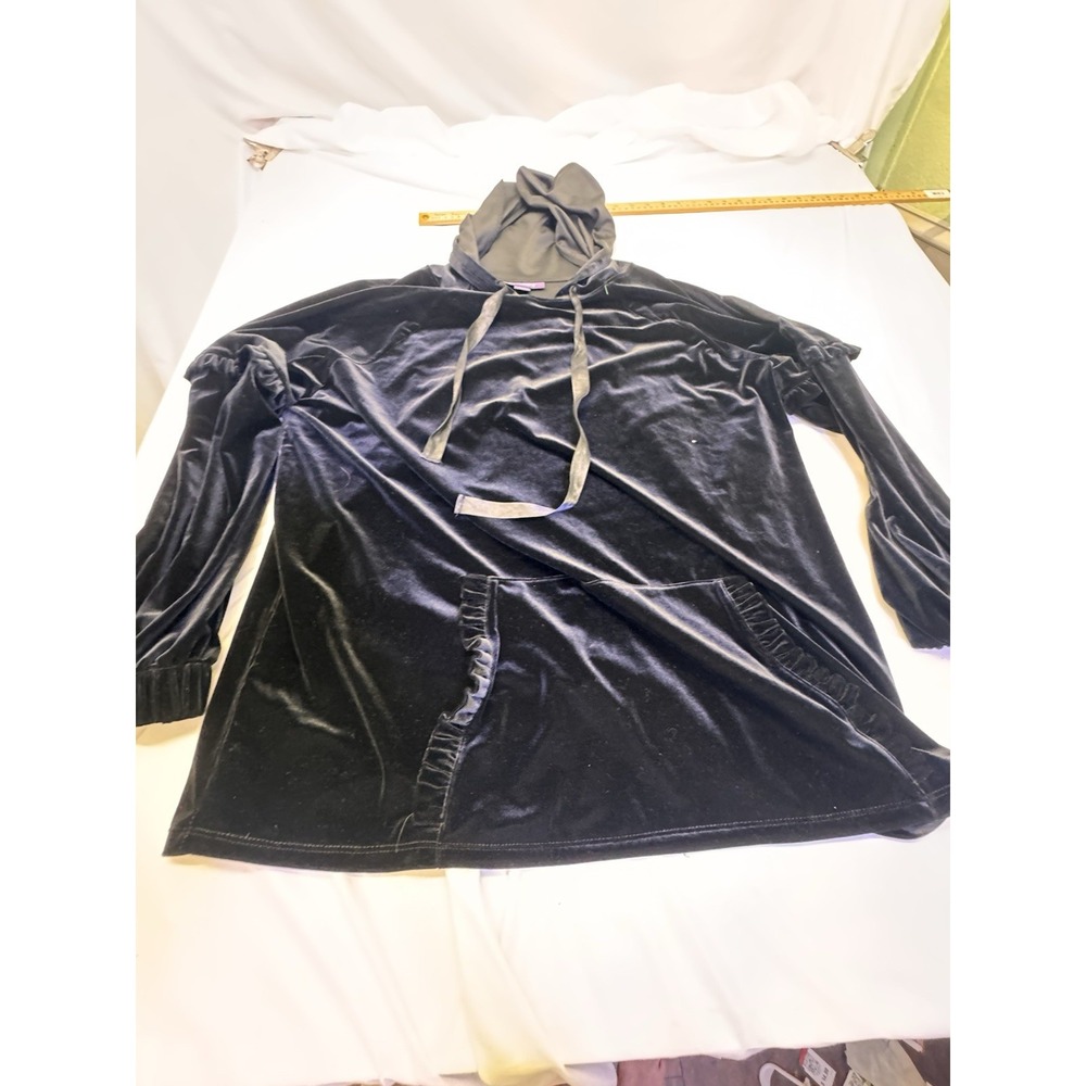 Roamans Hoodie L Top Ruffle  Black Velvet  Hooded‎ Pullover Gothic Boho  Whimsy